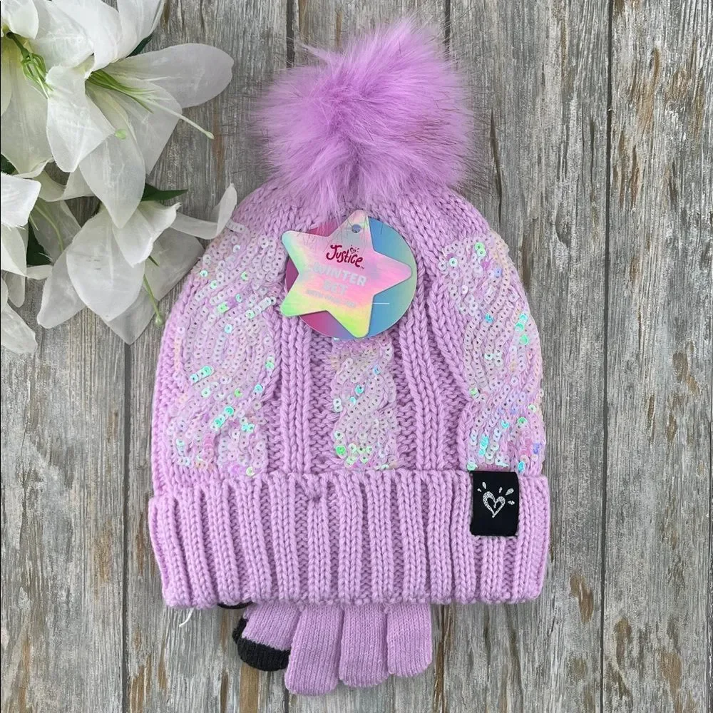 Girls Justice Sequin Cable Knit Hat and Gloves Set Pink